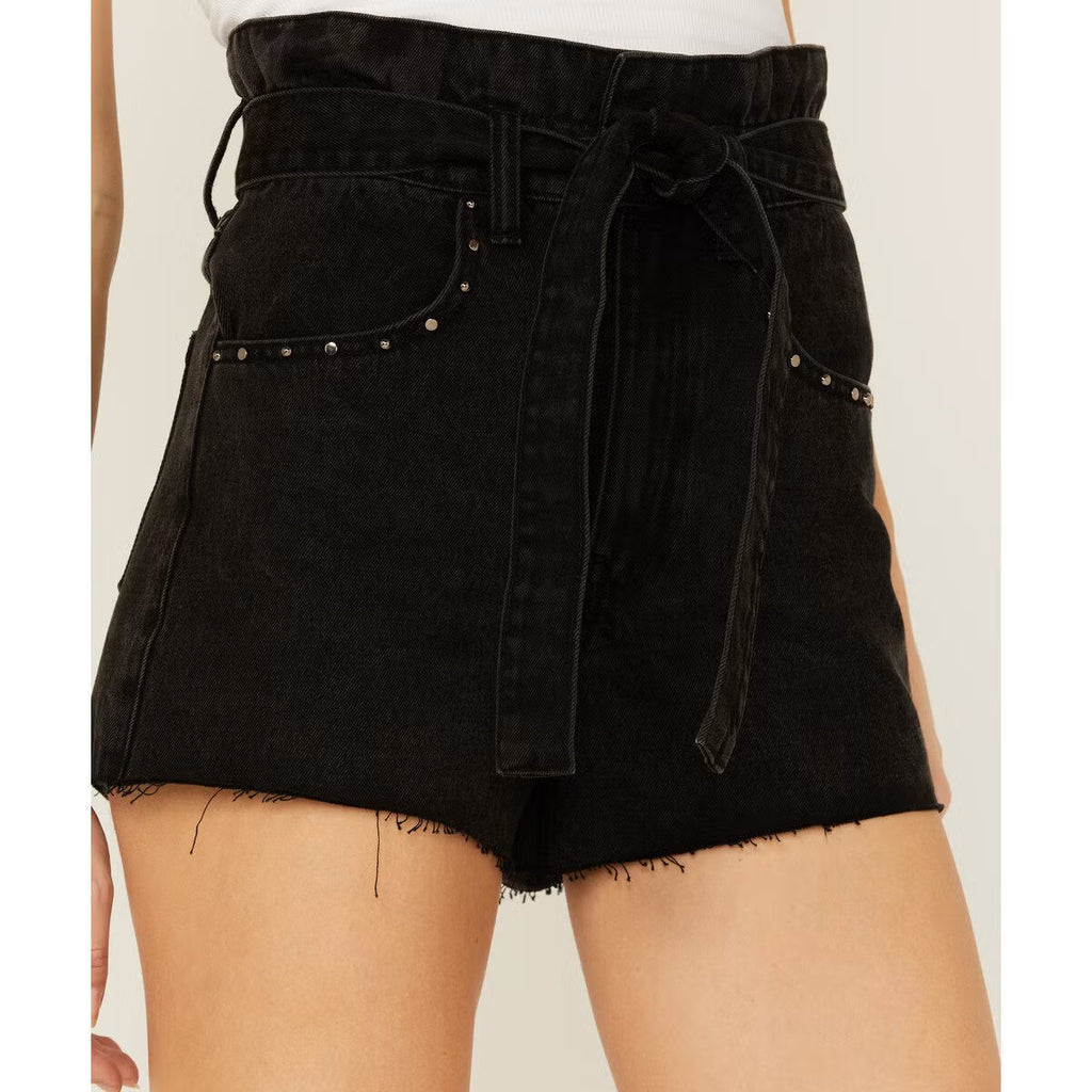 Paper Bag Tie Waist Rivet Raw Hem High Rise Shorts