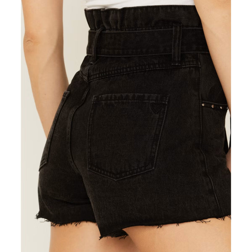 Paper Bag Tie Waist Rivet Raw Hem High Rise Shorts