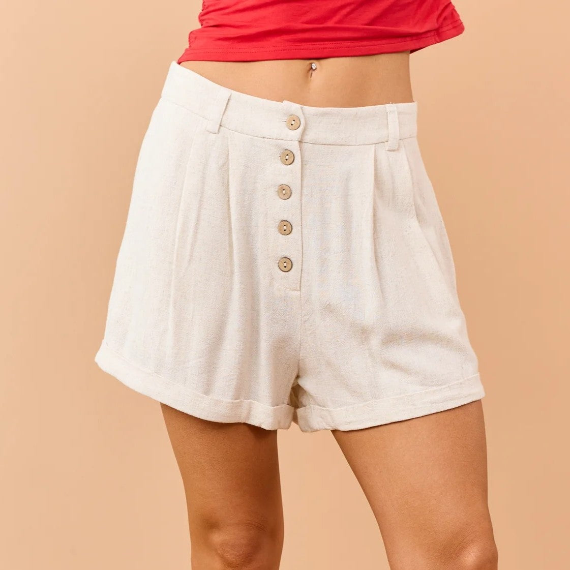Linen Blend Button Fly Pleated Shorts