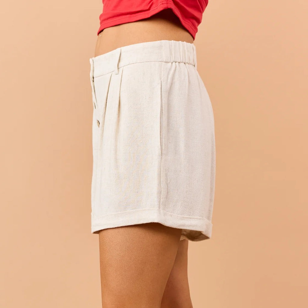 Linen Blend Button Fly Pleated Shorts