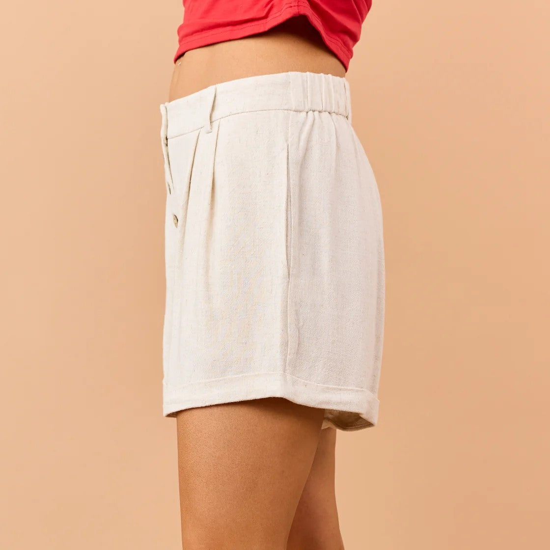 Linen Blend Button Fly Pleated Shorts