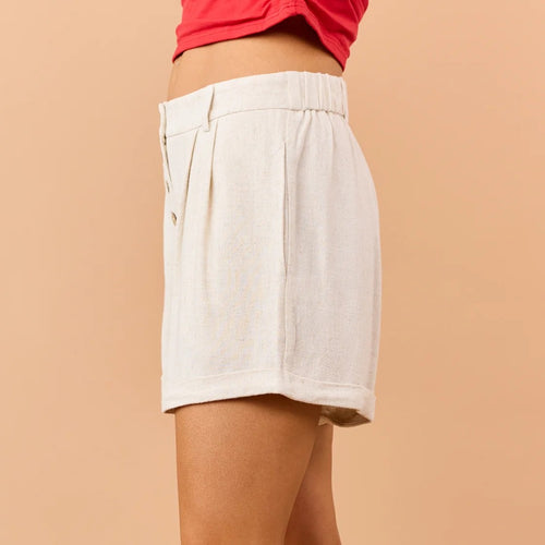 Linen Blend Button Fly Pleated Shorts