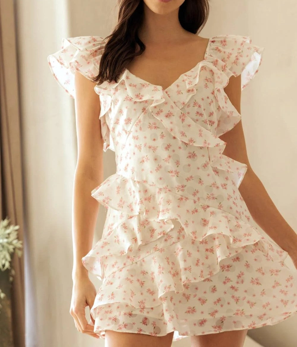 Ditsy Floral Ruffle V-Neck Open Back Mini Dress