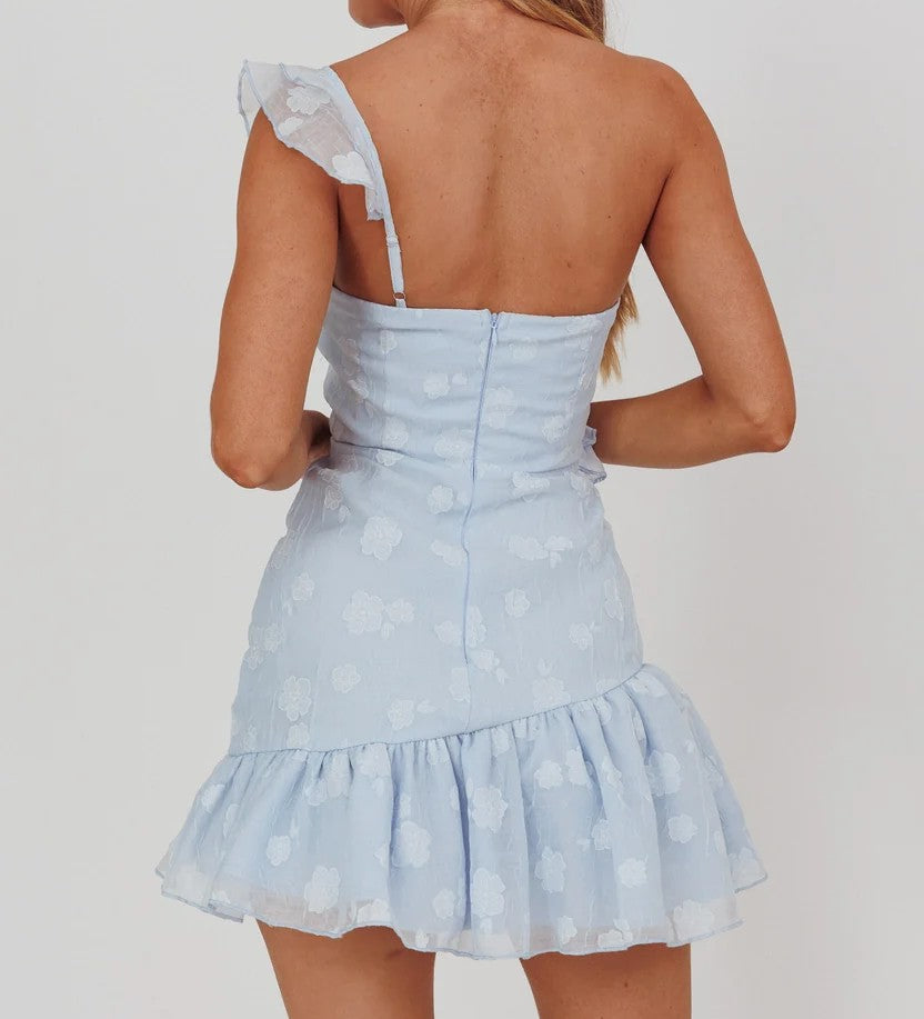 One Shoulder Ruffle Jacquard Mini Dress
