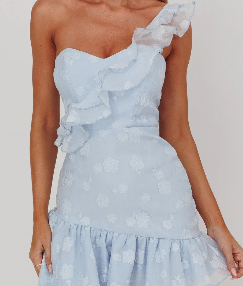 One Shoulder Ruffle Jacquard Mini Dress