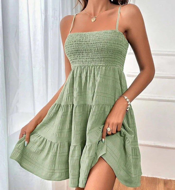 Spaghetti Strap Smocked Tiered Textured Dress