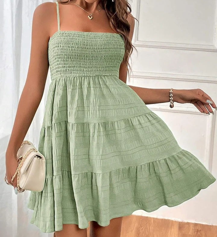 Spaghetti Strap Smocked Tiered Textured Dress